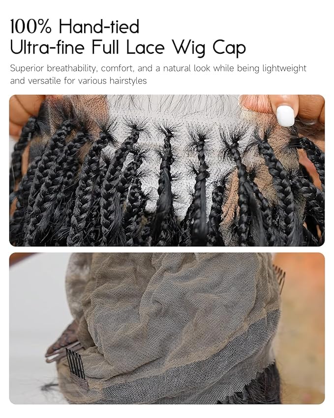 Human Hair Boho Curls Hand-Tied HD Full Lace Wig - 36" Salon-Level Small Box Synthetic Braids (121 Braids, High Density) Pre-Cut Swiss HD Lace, Pre-Plucked, Knotless, Tangle-Free - Black 1B