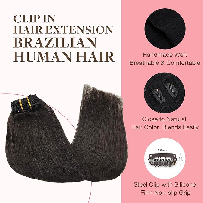 GOO GOO Clip in Hair Extensions Real Human Hair, Remy Human Hair Extensions Clip ins for Women, Natural Human Hair, 18inch 180g 7Pcs, #2 Dark Brown