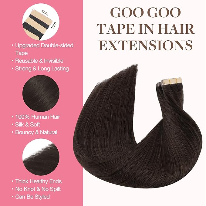 GOO GOO Tape in Hair Extensions Human Hair, 2A Light Brown, 10inch 60g 40pcs, Skin Weft Seamless Invisible, Silky Straight with Thick Ends, Remy Human Hair