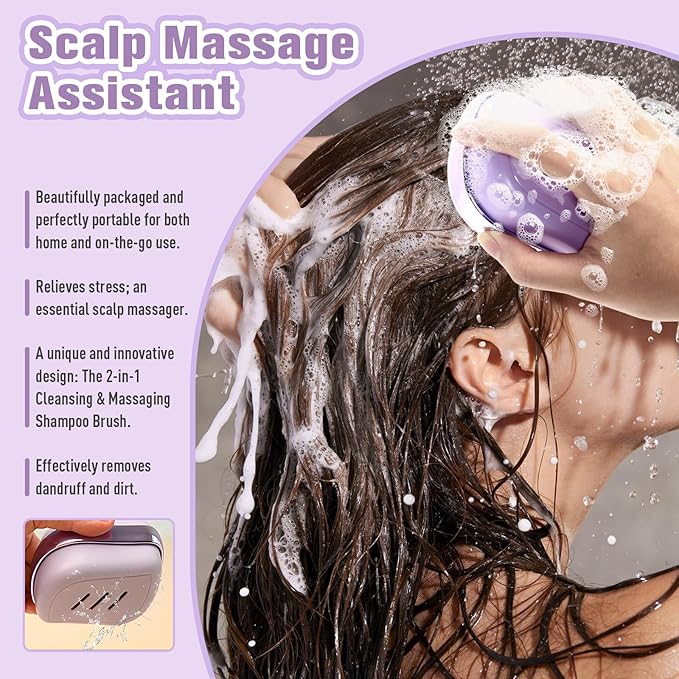 2-in-1 Scalp Massager Shampoo Brush,Scalp Dandruff Removal with Soft Silicone Bristles,Wet & Dry Scalp Care Head Scrubber Hair Washing,Comfortable for All Hair Types