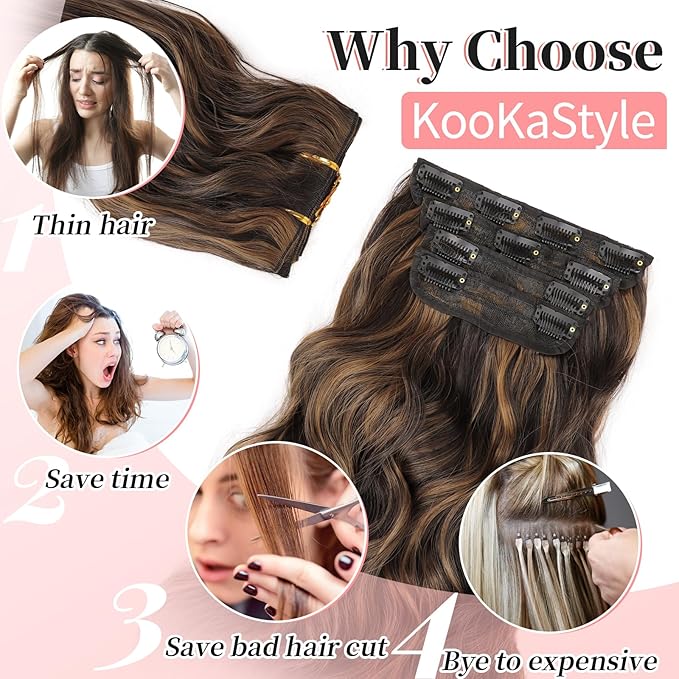 KooKaStyle Clip in Synthetic Hair Extensions Long Wavy 4PCS Thick Hairpieces Balayage Dark Brown to Chestnut Fiber Double Weft Natural Hair Extensions 16 Inch for Women