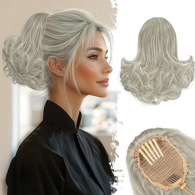 BARSDAR Short Gray Ponytail Extension - 10 Inch Loose Curly Wavy Drawstring Comb Clip Pony Tails Hairpieces for Women, Synthetic Clip in Ponytail Hair Extensions Daily - Silver Grey
