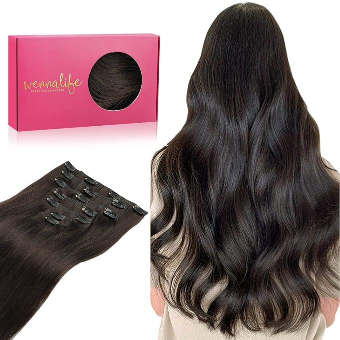 WENNALIFE Clip in Hair Extensions Real Human Hair, 14 Inch 110g 7pcs Remy Hair, Dark Brown Straight Natural Extensiones De Cabello Humano Con Clip Ins
