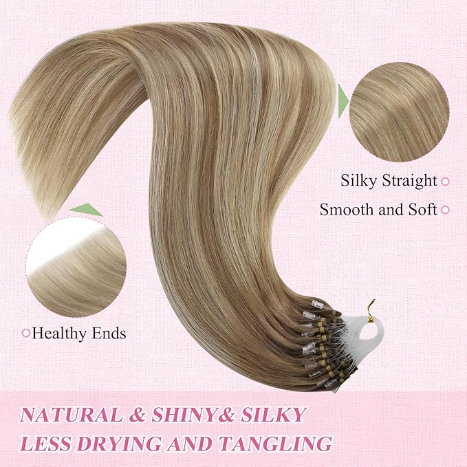 YoungSee Micro Link Hair Extensions Human Hair Ombre Microloop Hair Extensions Human Hair Balayage Light Brown with Blonde Beaded Hair Extension Cold Fusion for Long Hair 24 Inch 50s 50g