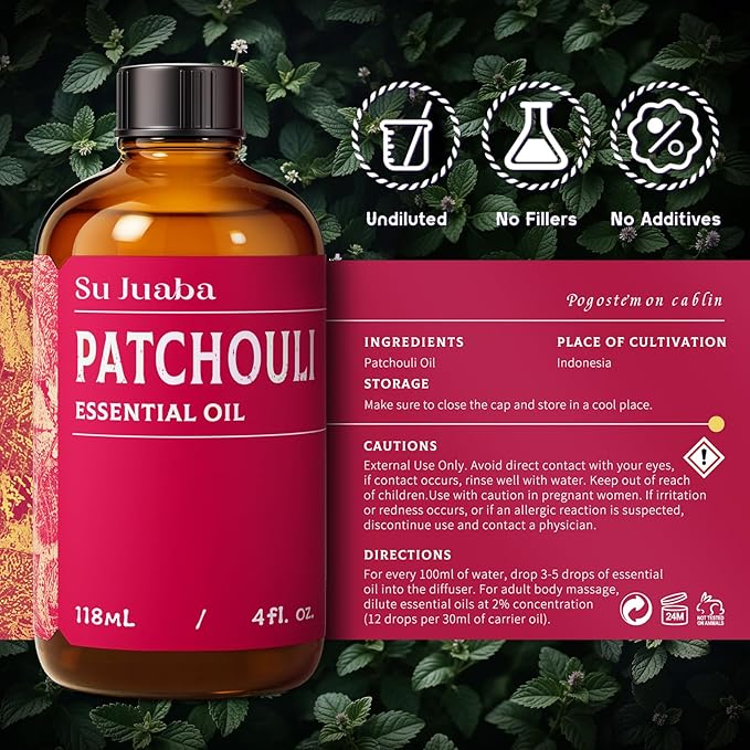 SU JUABA Patchouli Essential Oil 4 Fl Oz, 100% Pure Natural Aromatherapy Oil for Diffuser, Skin Care, Perfume & Soap Making - 118ML