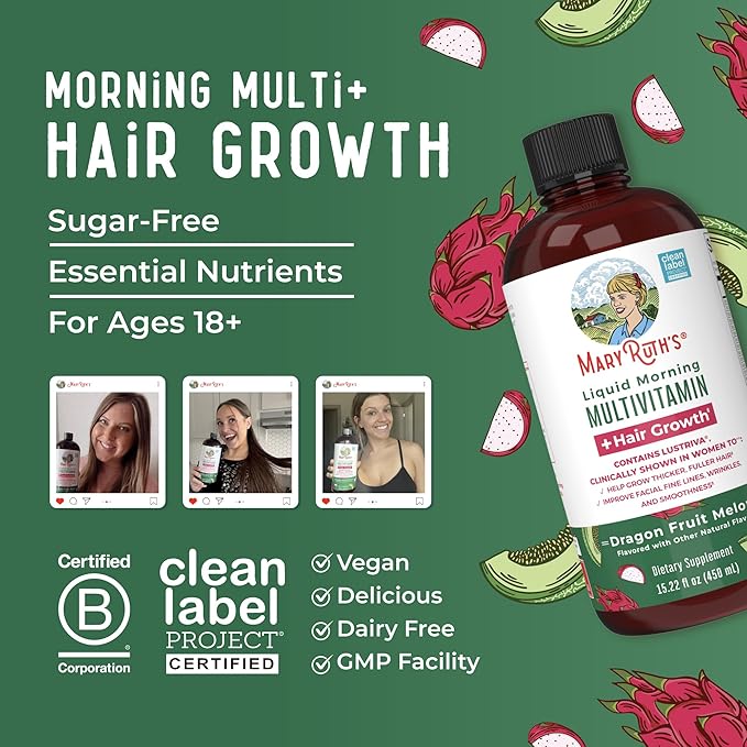 MaryRuth's Liquid Multivitamin + Hair Growth | Biotin 10000mcg | Lustriva Hair Growth Supplement | Clinically Tested in Women for Thicker Hair & Facial Wrinkle | Skin Care | Ages 18+ | 15.22 Fl Oz