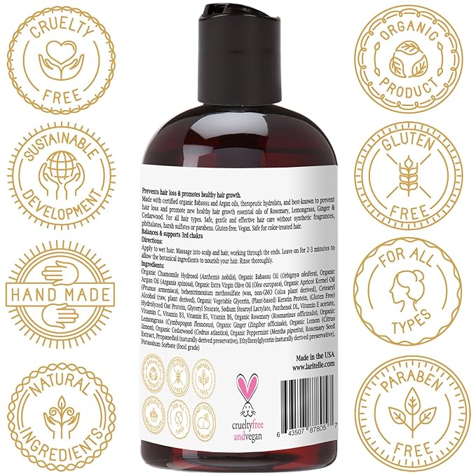 Laritelle Organic Travel Size Conditioner 2 oz | Hair Loss Prevention, Anti-Breakage, Split Ends Treatment | Rosemary, Ginger & Cedarwood | NO GMO, Sulfates, Alcohol, Parabens, Phthalates | GF