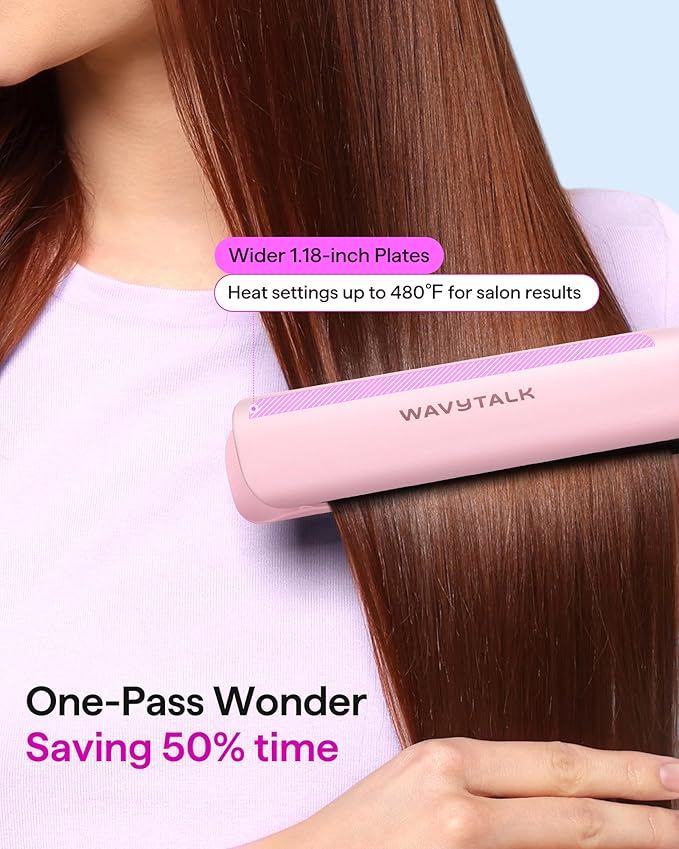 Wavytalk Professional Flat Iron Hair Straightener and Curler 2 in 1, Titanium Flat Iron for One-Pass Wonder 10S Fast Heat Up, Glide & Shine Straightener with Dual Voltage (1.18 Inch)