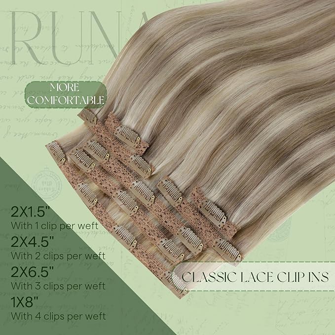 RUNATURE Clip in Hair Extensions Real Human Hair, Blonde Hair Extensions Clip Ins, Remy Human Hair Clip in Extensions, Short Straight Hair 12 Inch 80g 7pcs #8P60 Ash Brown Highlight Platinum Blonde