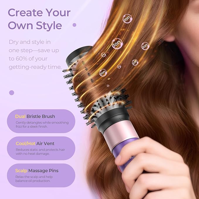7 in 1 Blow Dryer Brush Set – Hot Air Styler for Fast Drying, Curling, Straightening & Volumizing – Ionic Hair Dryer Brush with 1500W Power – No Heat Damage for All Hair Types – Lilac