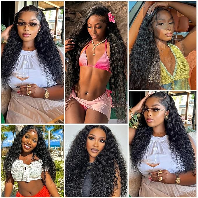 Aomllute 34 Inch Lace Front Wig Human Hair Pre Plucked 200 Density 13x4 HD Deep Wave Lace Frontal Wigs Human Hair with Baby Hair Curly lace front Wigs for Women Natural Black