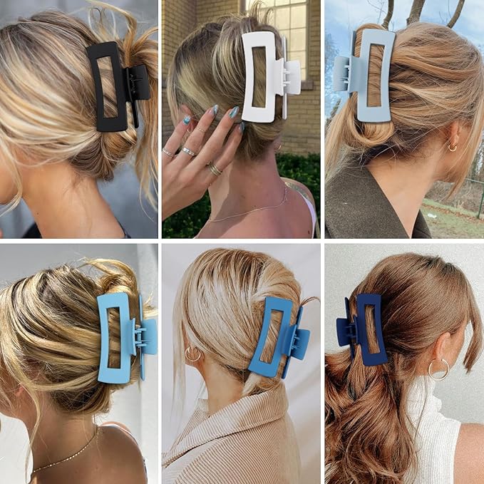 4 Inch Big Hair Claw Clips 6 Pcs Large Claw for Thick Hair Square Hair Clips for Women Rectangle Hair Clips Nonslip Acrylic Banana Jaw Clips Hair Accessories for Girls (Blue)