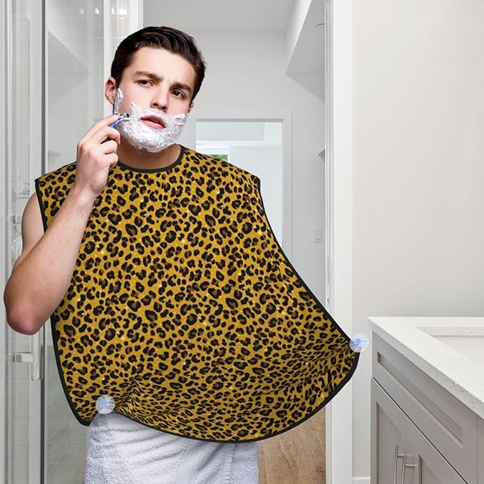 Adjustable Non-Stick Beard Apron, Hair Catcher Cape for Shaving Grooming, Waterproof with Suction Cups Men, Black Gold Glitter Wild Chic Animal Cheetah Leopard Ptint Shave Bib