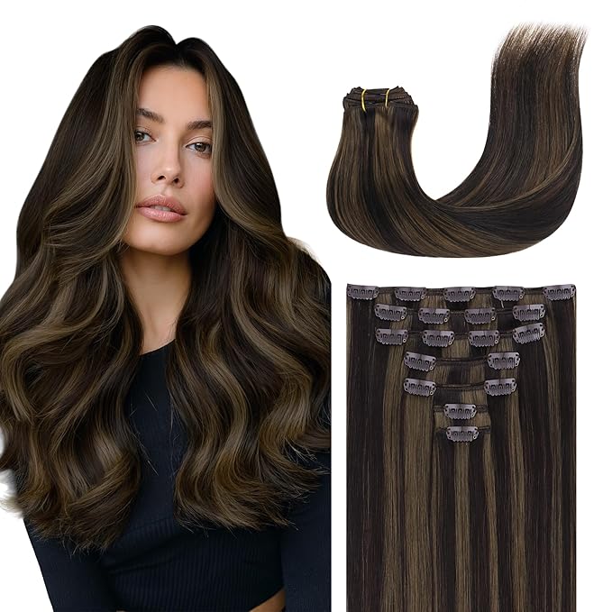 GOO GOO Clip in Hair Extensions Real Human Hair, Remy Human Hair Extensions Clip ins for Women, Natural Human Hair, 26inch 180g 7 Pcs, #2/6 Dark Brown Highlighted Chestnut Brown