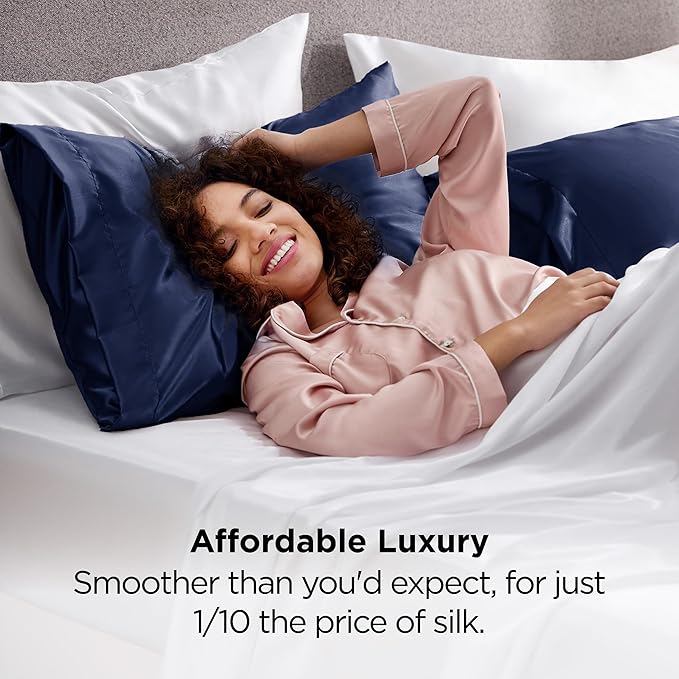 Bedsure Satin Pillowcases, Similar to Silk Pillow Cases Queen Size Set of 2, Pillow Case for Sleeping Women with Envelope Closure, Gifts for Women Men, Navy, 20x30 Inches, 2pcs