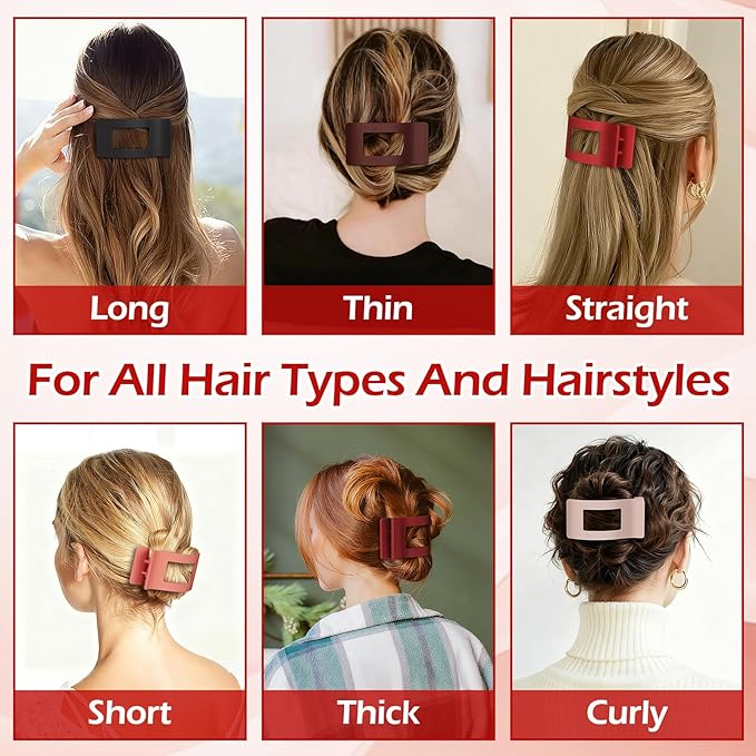 French Flat Hair Clips for Women 6pcs Hair Claw Clips for Thick or Thin Hair Matte Claw Clips for Girls Barrettes Non-Slip Strong Hold Hair Accessories for Women (Red)
