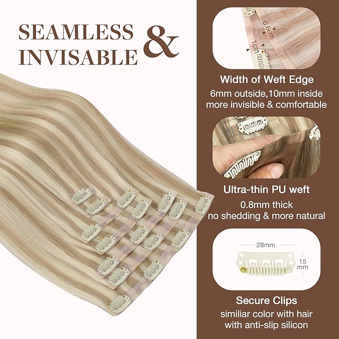 GOO GOO Clip in Hair Extensions Real Human Hair, Remy Human Hair Extensions Clip ins for Women, Natural Human Hair, 24inch 160g 7Pcs, 18A/613A Dark Blonde Highlighted Bleach Blonde
