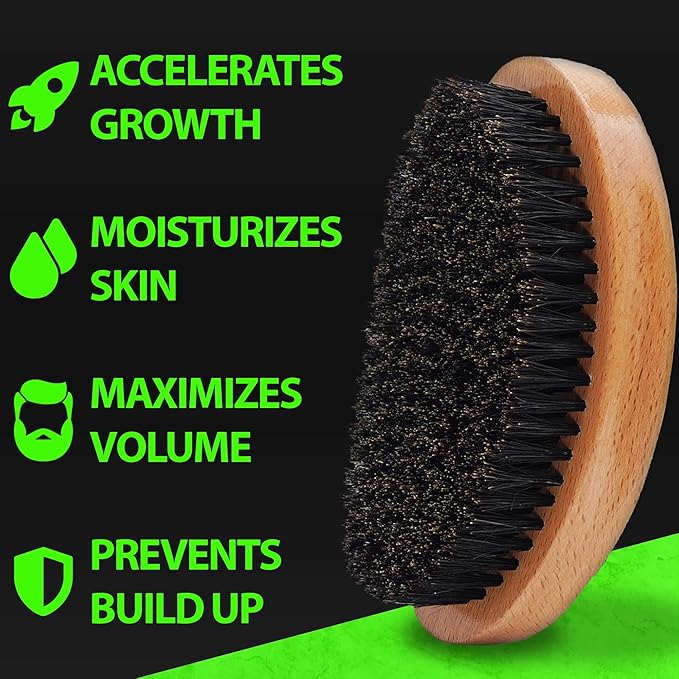 GROW Beard Brush & 360 Wave Brush for Men - Natural Boar Bristle For Fuller, Thicker Hair, Beard & Mustache - Premium Full-Size to Exfoliate, Strengthen Hair, Stimulate & Boost Growth