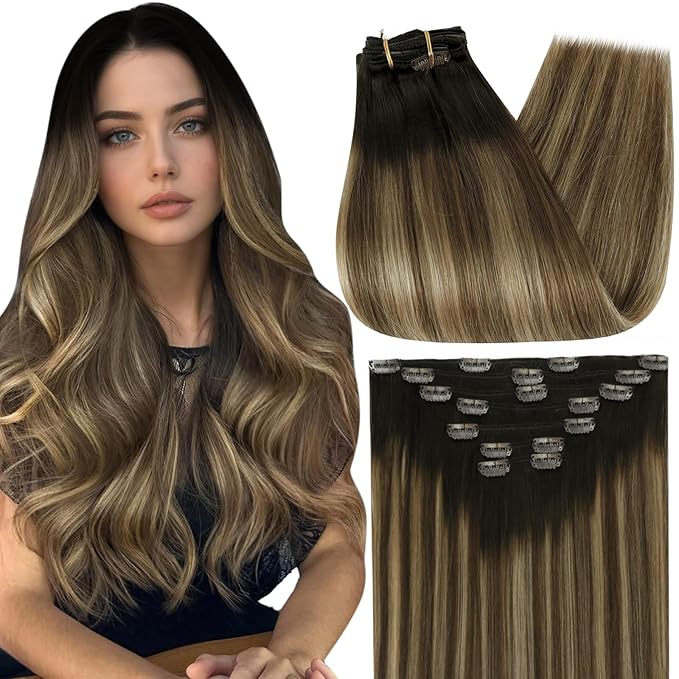 Full Shine Human Hair Clip in Extensions 20 Inch Balayage Dark Brown to Caramel Blonde Human Hair Extensions Clip ins for Women 7 Pcs 120 G