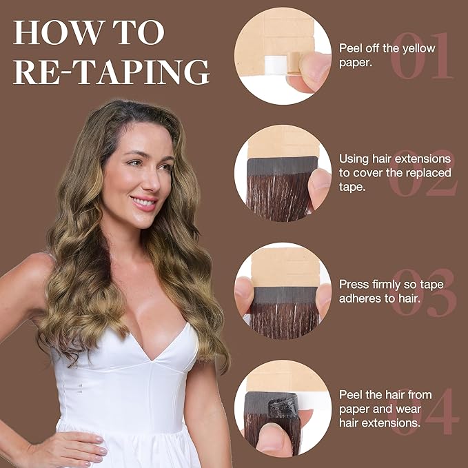GOO GOO Tape in Hair Extensions Human Hair, 4/18 Balayage Chocolate Brown Highlighted Dirty Blonde, 16inch 100g 40pcs, Skin Weft Seamless Invisible, Silky Straight with Thick Ends, Remy Human Hair