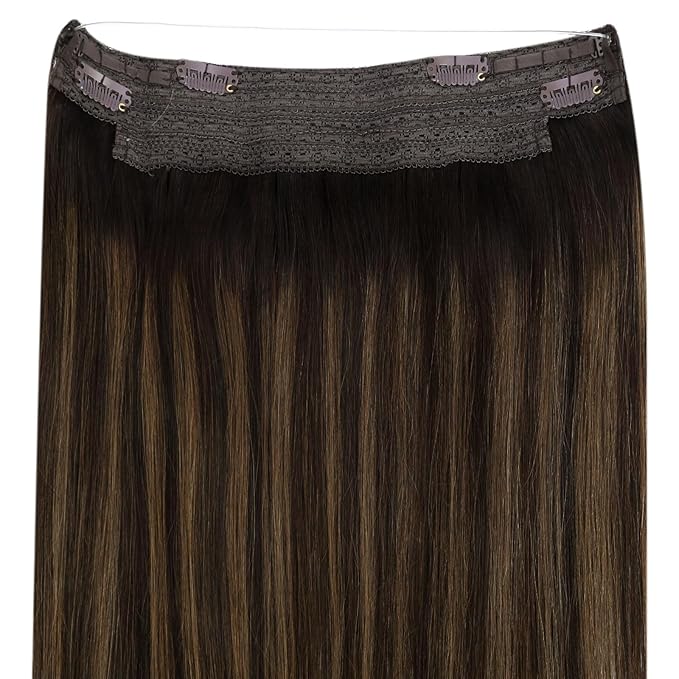 YoungSee 100G Wire Human Hair Extensions Balayage Brown Wire Hair Extensions Real Human Hair Dark Brown with Medium Brown Invisible Headband Hair Extensions Natural Hair 20Inch