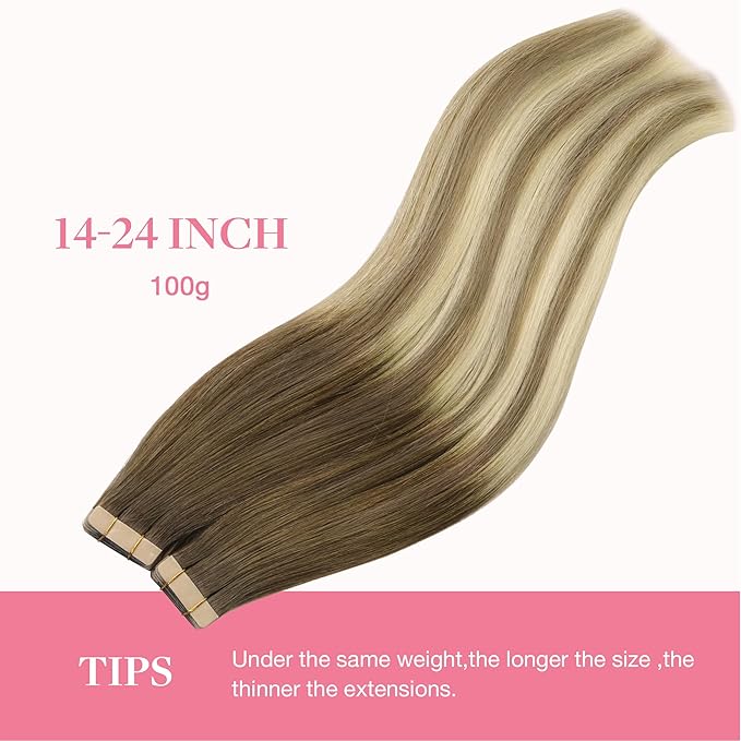 GOO GOO Tape in Hair Extensions Human Hair, 3/8/613 Walnut Brown to Ash Brown and Bleach Blonde, 18inch 100g 40pcs, Skin Weft Seamless Invisible, Silky Straight with Thick Ends, Remy Human Hair
