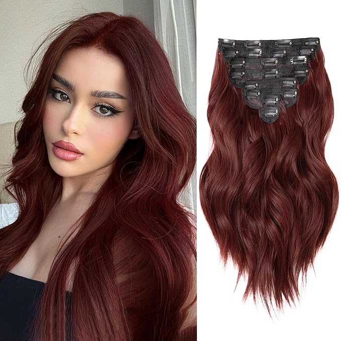 Hair Extensions Clip Ins, 16 Inch 8PCS Red Curly Clip in Hair Extensions Wavy, Synthetic Hairpieces for Women, Invisible Lace Weft Hair Extension
