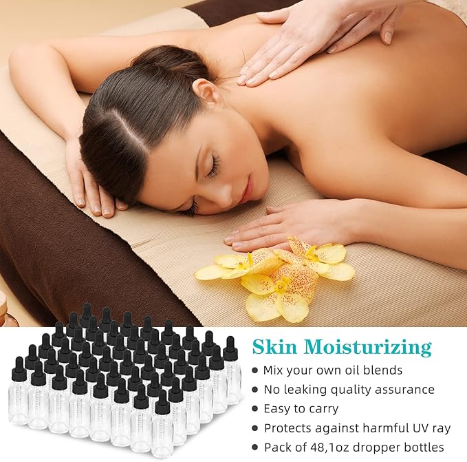 1 oz Dropper Bottle 48 Pack Clear Glass Boston Bottles 30ml with Eye Droppers Black Caps for Essential Oils, Perfume, Leak Proof Travel Bottles for Liquids