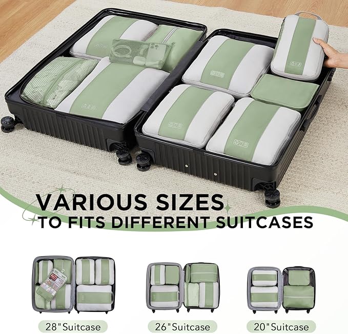 10 Set Compression Packing Cubes for Travel Essentials,Compressible Expandable Packing Cubes for Suitcase,OlarHike Luggage Organizer Bags for Travel,Handy Helper for Organizing Clothes(Matcha Green)