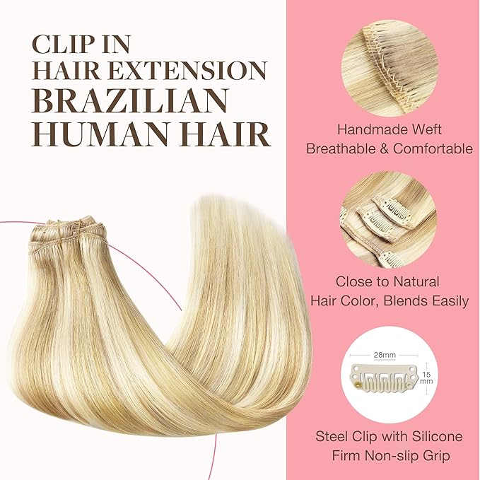 GOO GOO Clip in Hair Extensions Real Human Hair, Remy Human Hair Extensions Clip ins for Women, Natural Human Hair, 14inch 120g 7Pcs, 18D/22F Dirty Blonde Highlights