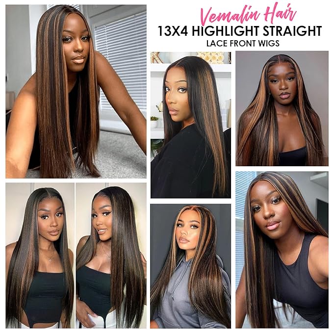 Highlight Ombre Lace Front Wig Human Hair Straight Wigs Human Hair 1B/30 Brown Highlight 13x4 Lace Front Wigs human hair Pre Plucked 200% Density Colored 26 Inch Balayage Glueless Wigs for Women