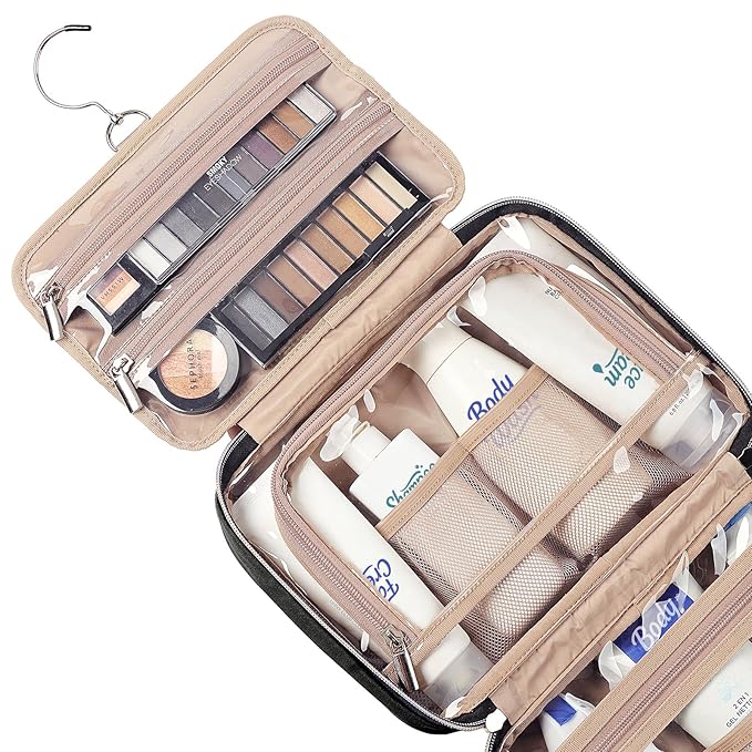 NISHEL Travel Toiletry Bag for women, Portable Hanging Organizer for Travel-Sized Shampoo, Conditioner, Brushes Set, makeup Accessories, Medium Size, Black