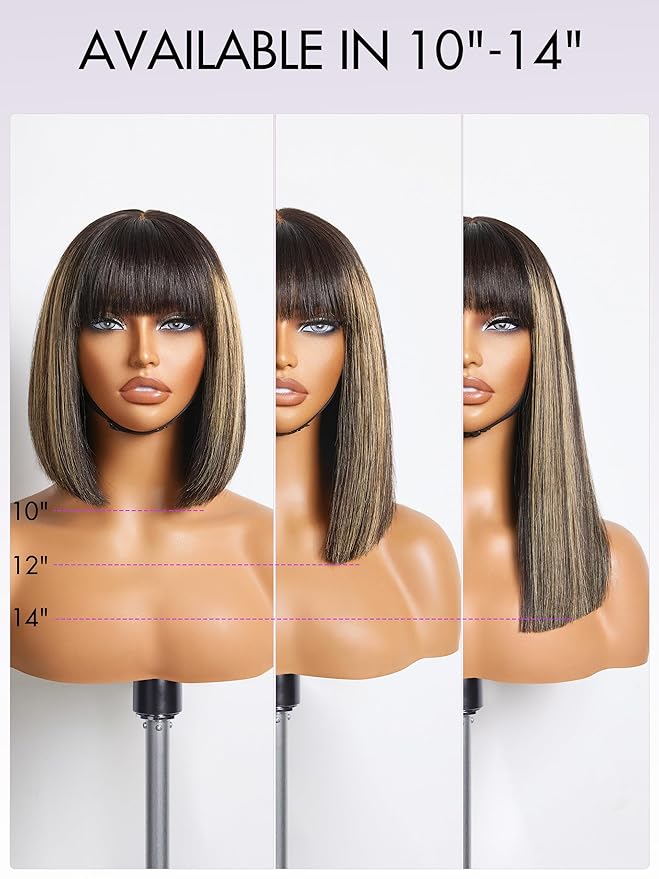 LUVME HAIR 14 Inch Blonde Highlight Bob Human Hair Wig with Bangs Glueless HD Lace Bang Wig True Scalp Ready to Go Silky Straight Highlight Human Hair Short Wig with Bangs (Breathable Cap)