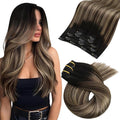 Moresoo Clip in Hair Extensions Real Human Hair Balayage Black to Brown with Dark Blonde 5pcs 80g Remy Straight Invisible Lace Double Weft Ombre Human Hair Clip in Extensions 16inch