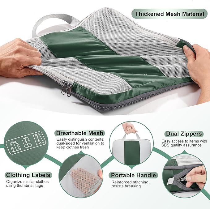 10 Set Compression Packing Cubes for Travel Essentials,Compressible Expandable Packing Cubes for Suitcase,OlarHike Luggage Organizer Bags for Travel,Handy Helper for Organizing Clothes(Dark Green)