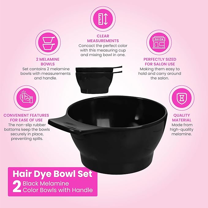 Melamine Hair Dye Mixing Bowls - 2 Black Modern Bowls with Handle - 350ml Capacity - Durable & Lightweight