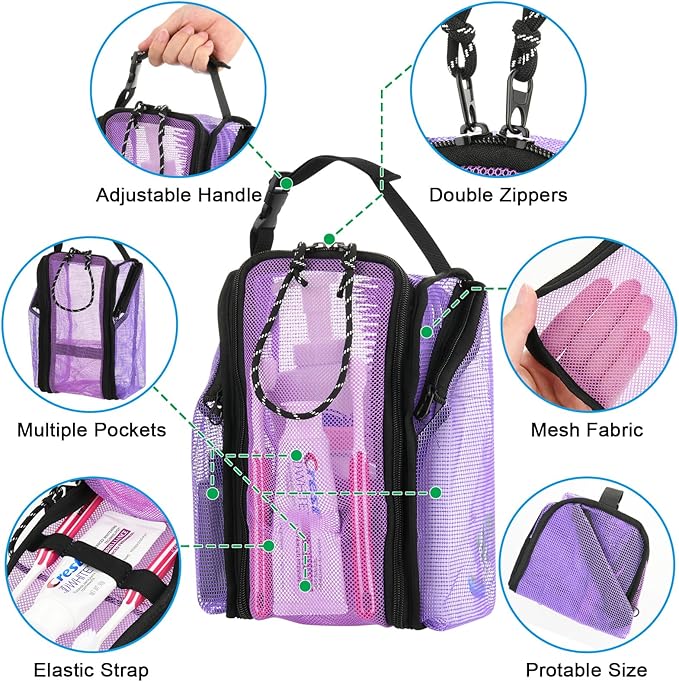 Cosmos Mesh Shower Caddy Toiletry Organizer Hanging Shower Tote Bag, Quick Dry Shower Organizer Portable Bath Bag with Durable Zippers & Side Pockets for Travel Gym Swimming Beach & Camp (Purple)