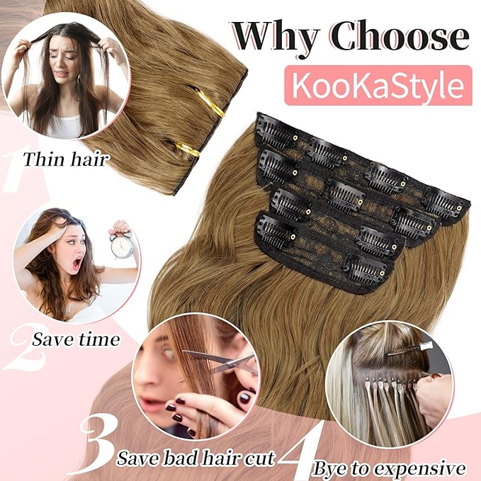 KooKaStyle Clip in Synthetic Hair Extensions Long Wavy 4PCS Thick Hairpieces Brown with Multi - Tone Highlights Fiber Double Weft Natural 24 Inch for Women