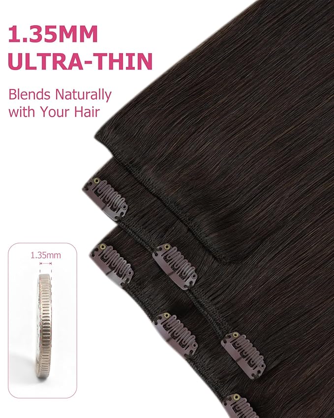 YoungSee Brown Clip in Hair Extensions Dark Brown Human Hair Extensions Clip ins Invisible Clip in Extensions Real Human Hair Easy to Install 7Pcs 14In 120G