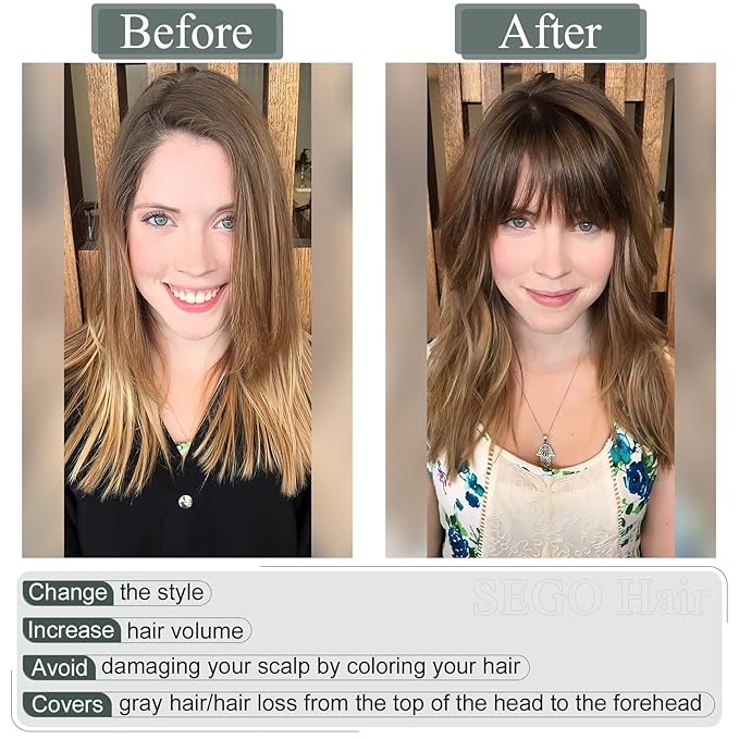 SEGO Hair Toppers for Women Real Human Hair with Thinning Hair, Toppers Hair Pieces Clip in Toppers Straight Hair Pieces with Front Bangs -12 Inch #4/27 Medium Brown Mix Dark Blonde