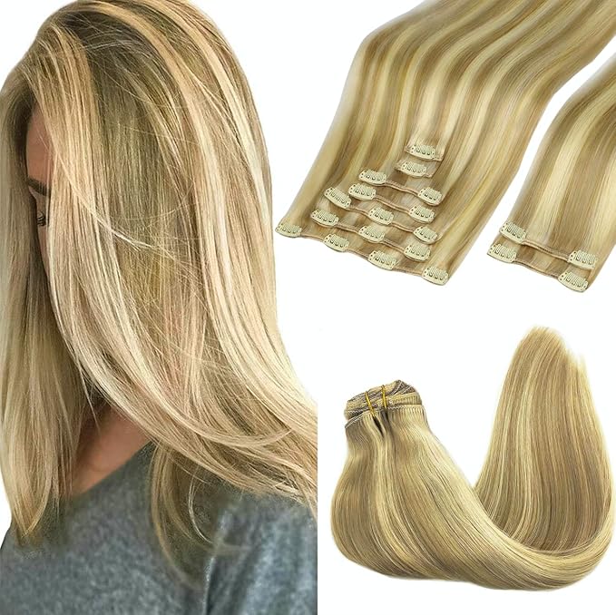 GOO GOO Clip in Hair Extensions Real Human Hair, Remy Human Hair Extensions Clip ins for Women, Natural Human Hair, 24inch 150g 9Pcs, #16/22 Light Blonde Highlighted Golden Blonde