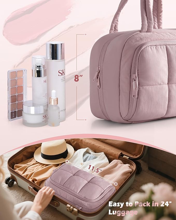 Travel Toiletry Bag for Women with Hanging Hook, Water Resistant Puffy Makeup Organizer with Leak Proof Pockets for Toiletries and Cosmetics - Pink (Bag Only)