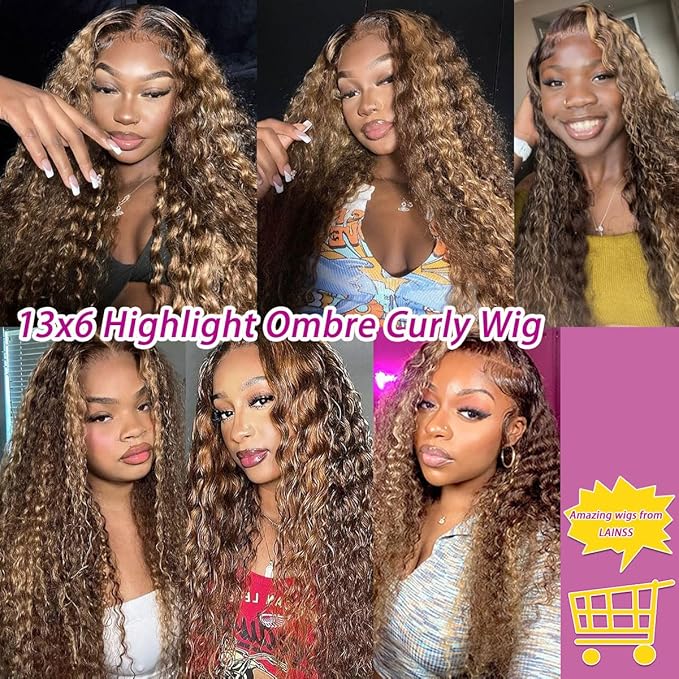 Highlight 13x6 Deep Wave Lace Front Wigs Human Hair 4/27 Ombre Curly HD Transparent Lace Frontal Wig Pre Plucked Glueless Wig human hair 210% Density Wet and Wavy Curly Wigs 18 Inch