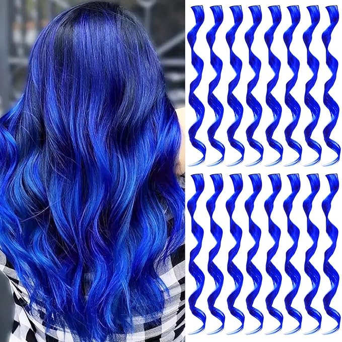 16 Pcs Colored Hair Extensions Curly Wavy Clip in Synthetic Hairpiece Streak for Girls Women Kid, Multi-colors Party Highlights Cosplay Festival Gift(Blue)