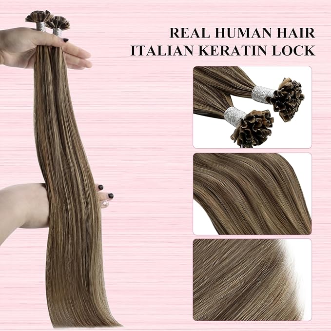 YoungSee Utip Hair Extensions Human Hair Highlight U Tip Hair Extensions Human Hair Brown with Blonde Ktip Hair Extension Real Hair Brown U-Tips Hair Extension 18In 1G/S 50G