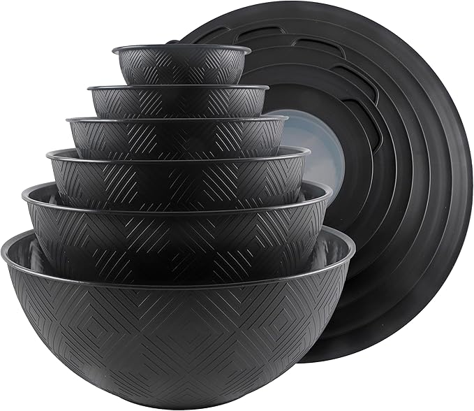 COOK WITH COLOR Mixing Bowls with Lids - 12 Piece Plastic Nesting Bowls Set includes 6 Prep Bowls and 6 Lids, Rhombus Design - Microwave Safe (Black)
