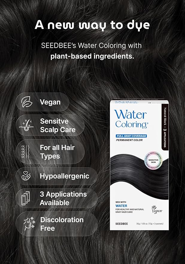 Korean Permanent Hair Dye, Powder Hair Color Kit, Natural Black, Gray Hair Coverage, Plant-Based Formula, Easy Application for Roots, Short & Long Hair, Vegan, Just Mix with Water (3 Powder Packets)