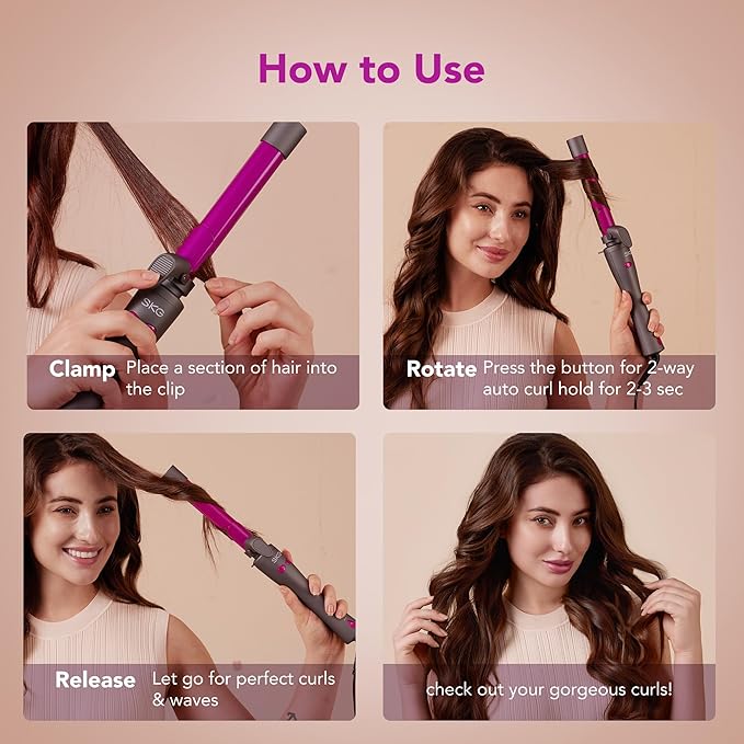 SKG Automatic Rotating Curling Iron, 1-Inch Ceramic Barrel, 2-Way Rotation, 3 Heat Levels, 60s Fast Heating, 30-Min Auto Shut-Off, Dual Voltage, for Effortless Beach Waves & Curls