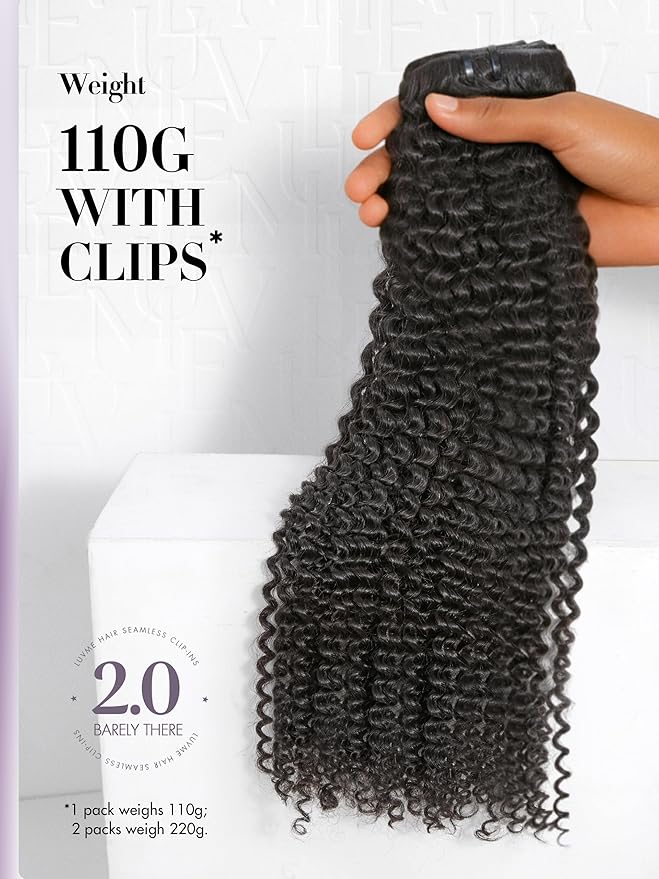 LUVME Invisible Clip ins Hair Extensions Deep Kinky Curly Real Human Hair Remy Hair Clip ins for Women, Natural Human Hair, 20 inch 110g 6Pcs, Natural Black