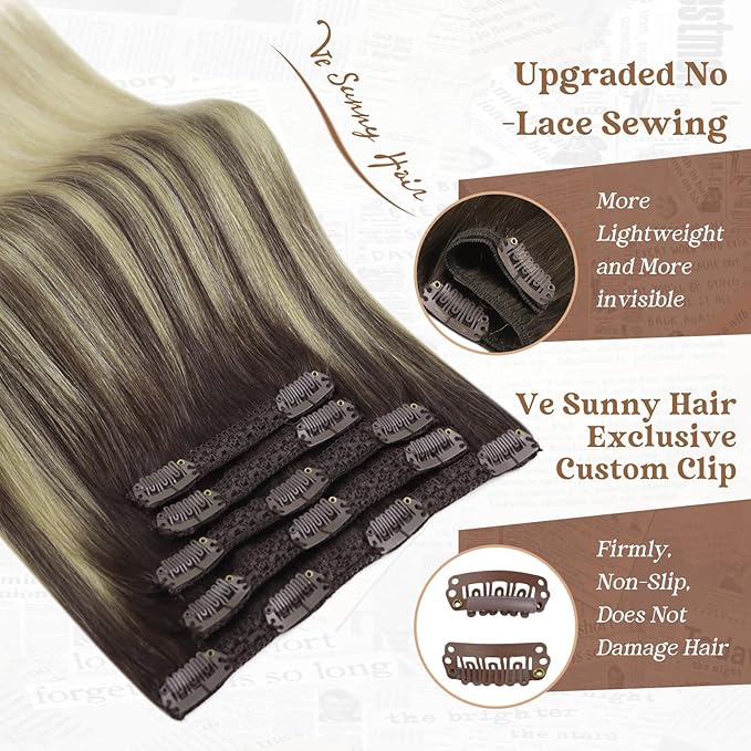 Ve Sunny Clip in Human Hair Extensions Balayage Clip in Hair Extensions Ombre Clip in Extensions Real Human Hair Dark Brown Ombre Dark Golden Blonde Balayage Light Blonde Short Hair 5pcs 80g 12inch